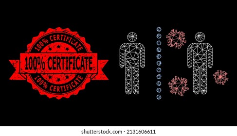 Vector net mesh virus shield wall picture with 100 percent Certificate unclean watermark on a black background. Red stamp includes 100 percent Certificate title inside ribbon.