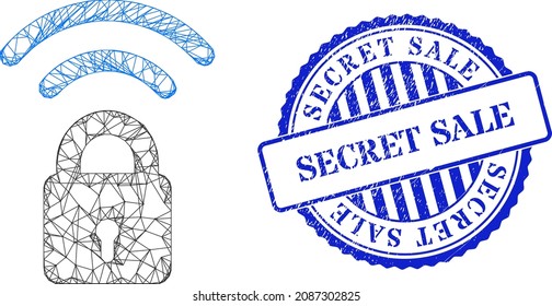 Vector net mesh Wi-Fi lock wireframe, and Secret Sale blue rosette rubber seal imitation. Linear carcass net symbol created from Wi-Fi lock pictogram, made from crossed lines.