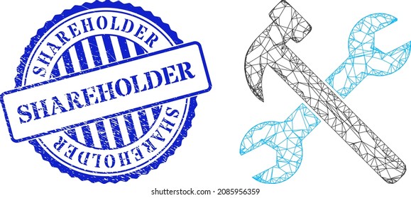 Vector net mesh wrench and hammer frame, and Shareholder blue round rubber watermark. Crossed frame net image designed with wrench and hammer pictogram, is made with crossed lines.