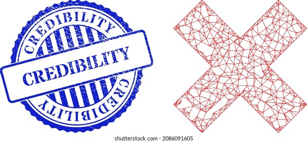 Vector net mesh x-cross carcass, and Credibility blue round rubber stamp. Crossed carcass network illustration created from x-cross icon, created from intersected lines.