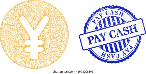 Marco de moneda de yenes de malla neta de vectores y sello impuro de rosette azul de pago. Ilustración neta de marco de cables diseñada con pictograma de moneda de yenes, se genera a partir de líneas cruzadas.