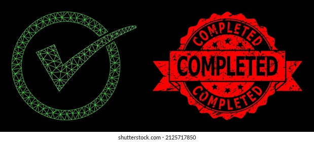 Vector net mesh yes tick image with Completed textured seal print on a black background. Red seal has Completed title inside ribbon. Mesh model based on yes tick symbol, with polygonal framework.