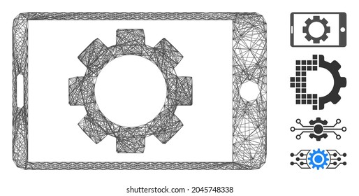 Vector net mobile settings gear. Geometric linear carcass flat net made from mobile settings gear icon, designed from intersected lines. Some bonus icons are added.