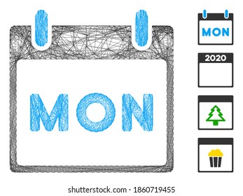 Página del calendario del lunes de la red de vectores. Red plana de canal lineal geométrica generada con el icono de la página del calendario del lunes, diseñado con líneas interseccionadas. Se añaden algunos iconos adicionales.