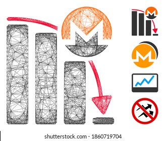 Vector net Monero falling acceleration chart. Geometric hatched carcass flat net generated with Monero falling acceleration chart icon, designed with crossing lines. Some bonus icons are added.