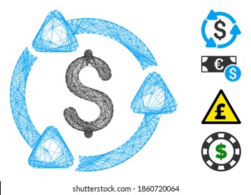 Vector net money circulation. Geometric hatched carcass 2D net generated with money circulation icon, designed with crossed lines. Some bonus icons are added.