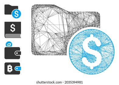 Vector net money folder. Geometric wire carcass flat net made from money folder icon, designed from crossing lines. Some bonus icons are added.