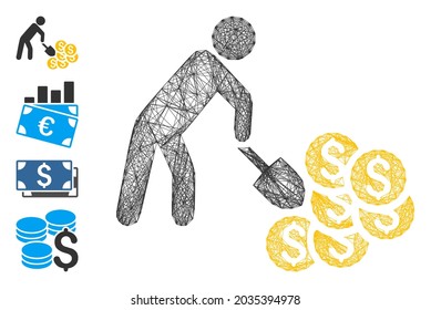 Extracción de dinero neto vectorial. Red 2D de canal geométrica de alambre hecha con un icono de minería de dinero, diseñado a partir de líneas cruzadas. Se añaden algunos iconos adicionales.