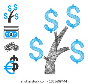 Vector net money tree. Geometric linear frame 2D net based on money tree icon, designed with crossing lines. Some bonus icons are added.