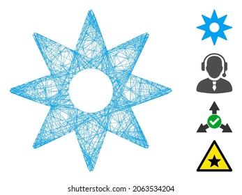 Vector net navigator star. Geometric hatched carcass 2D net made from navigator star icon, designed from intersected lines. Some bonus icons are added.