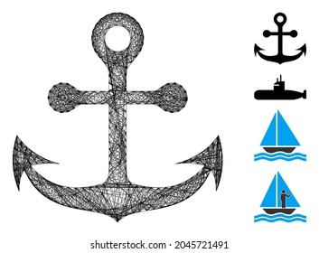 Vector net navy anchor. Geometric wire carcass 2D net generated with navy anchor icon, designed from intersected lines. Some bonus icons are added.