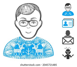 Vector net nerd boy. Geometric hatched frame flat net generated with nerd boy icon, designed with crossing lines. Some bonus icons are added.