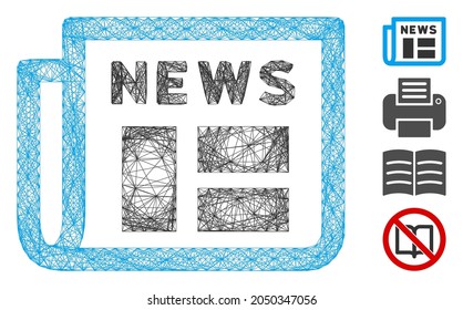 Vector net newspaper. Geometric hatched frame 2D net made from newspaper icon, designed from intersected lines. Some other icons are added.