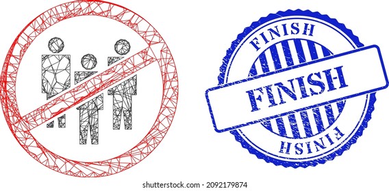 Vector net no people crowd frame, and Finish blue rosette rubber seal print. Wire frame net symbol designed with no people crowd pictogram, generated with crossed lines.