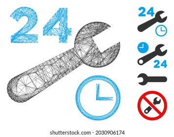 Vector net nonstop service hours. Geometric linear carcass flat net generated with nonstop service hours icon, designed with crossed lines. Some bonus icons are added.