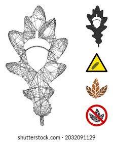Vector net oak acorn. Geometric hatched carcass flat net made from oak acorn icon, designed from crossed lines. Some bonus icons are added.