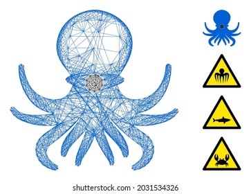 Opulpo de red vectorial. Red plana de marco lineal geométrica generada con icono de pulpo, diseñada con líneas cruzadas. Se añaden algunos iconos adicionales.