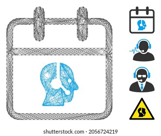 Día del operador de red de vectores. Red plana de marco geométrico de alambre de alambre hecha del icono del día del operador, diseñada a partir de líneas interconectadas. Se añaden algunos iconos adicionales.