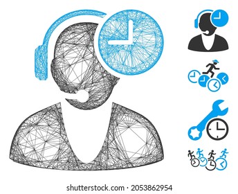 Vector net operator time. Geometric hatched carcass 2D net made from operator time icon, designed from crossing lines. Some bonus icons are added.