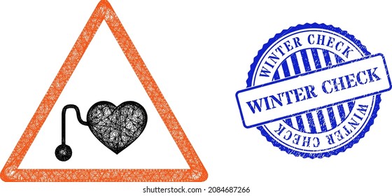 Vector net pacemaker warning wireframe, and Winter Check blue rosette grunge seal print. Wire carcass net image created from pacemaker warning icon, made from crossed lines.