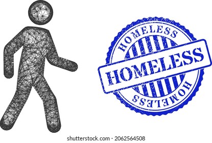 Vectornet Fußgänger-Mann-Schlachtkörper, und Obdachlose blaue Rosette kratzte Stempelsiegel. Das Symbol des Schlachtkörpernetzwerkes, das auf dem Symbol des Fußgängers basiert und mit Kreuzlinien erstellt wurde.