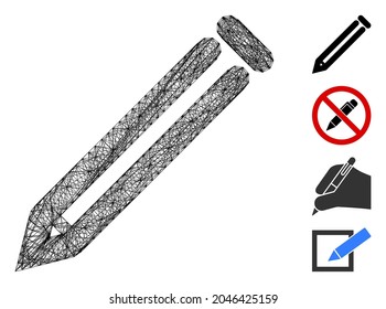 Vector net pencil. Geometric linear carcass 2D net made from pencil icon, designed from crossing lines. Some similar icons are added.