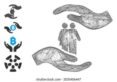 Vektornetzleute kümmern sich um die Hände. Geometrisches Drahtnetz, erzeugt mit dem Leuten Pflegehandsymbol, entworfen mit Schnittlinien. Es werden einige Bonussymbole hinzugefügt.