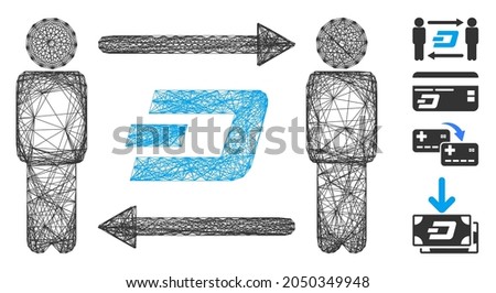 Vector net people exchange Dash. Geometric hatched frame 2D net generated with people exchange Dash icon, designed with crossing lines. Some other icons are added.
