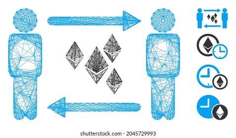 Vector net people exchange Ethereum crystals. Geometric hatched frame 2D net made from people exchange Ethereum crystals icon, designed from crossed lines. Some bonus icons are added.