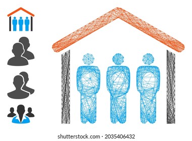 Vector net people under roof. Geometric linear carcass 2D net generated with people under roof icon, designed from intersected lines. Some bonus icons are added.