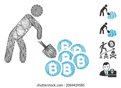 Persona de red vectora minando bitcoines. Red plana de marco lineal geométrica generada con el icono de bitcoins de minería de persona, diseñado a partir de líneas interseccionadas. Se añaden algunos iconos adicionales.