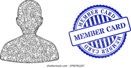 Vektor net Person Profil Rahmen, und Member Card blauer Rosette Grunge Robbendruck. Lineare Rahmennetzgrafik basierend auf Personenprofilsymbol, erzeugt mit Überkreuzlinien.