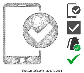 Vector net phone OK. Geometric linear frame flat net made from phone OK icon, designed from crossing lines. Some bonus icons are added.