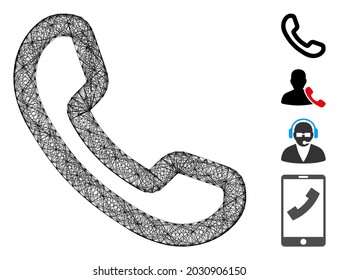 Vector net phone receiver. Geometric hatched carcass flat net generated with phone receiver icon, designed with intersected lines. Some bonus icons are added.