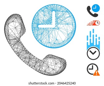 Hora del teléfono de red del vector. Redes 2D de marco con tramas geométricas hechas a partir del icono de hora del teléfono, diseñadas a partir de líneas cruzadas. Se agregan algunos iconos adicionales.