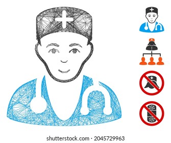 Vector net physician. Geometric wire carcass 2D net made from physician icon, designed from crossed lines. Some bonus icons are added.