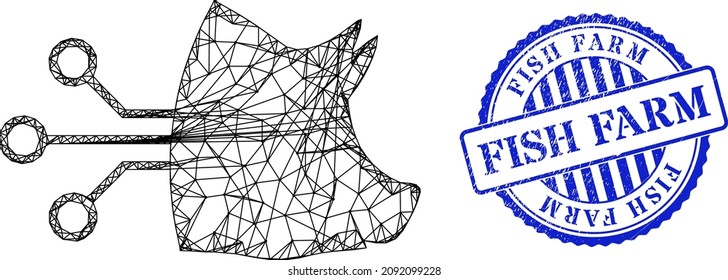 Vector net pig brain interface wireframe, and Fish Farm blue rosette rubber seal. Crossed frame net image created from pig brain interface pictogram, made from intersected lines.