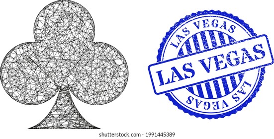 Vector net playing card club suit frame, and Las Vegas blue rosette scratched seal. Crossed frame net symbol based on playing card club suit pictogram, generated from crossed lines.