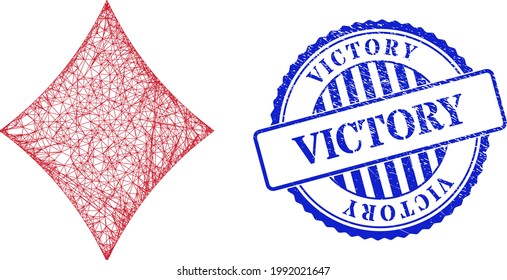 Vector net playing card diamond suit framework, and Victory blue rosette scratched stamp seal. Crossed carcass net symbol created from playing card diamond suit icon, generated from intersected lines.