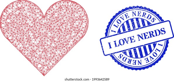 Vector net playing card heart suit frame, and I Love Nerds blue rosette scratched seal imitation. Crossed carcass net illustration created from playing card heart suit pictogram,