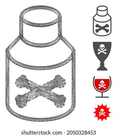 Vector net poison phial. Geometric hatched carcass flat net generated with poison phial icon, designed with crossed lines. Some additional icons are added.