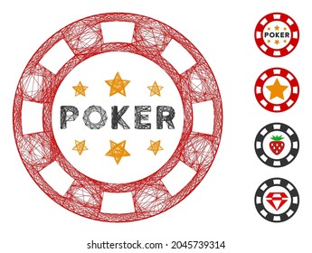 Vector net Poker Casino Chip. Geometrisches, geschlüftetes 2D-Netz aus dem Poker-Casino-Chip-Symbol, entworfen aus intersektierten Linien. Es werden einige Bonussymbole hinzugefügt.