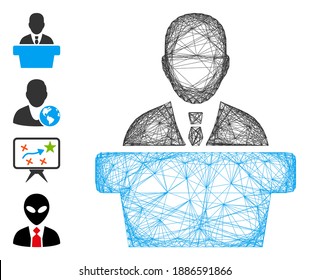 Vector net politician. Geometric wire frame flat net made from politician icon, designed from crossed lines. Some bonus icons are added.