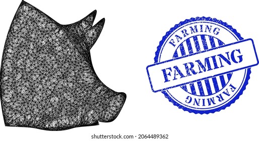 Carcasa de cabeza de cerdo con red vectorial, y estampilla de grunge de rosette azul de la granja. La imagen de red de canal lineal creada a partir del icono de cabeza de cerdo, se genera con líneas interseccionadas.
