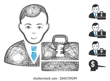 Vector net Pound Sterling accounter. Geometric linear carcass 2D net made from Pound Sterling accounter icon, designed from intersected lines. Some bonus icons are added.