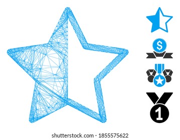 Estrella de clasificación de red de vectores. Red plana de canales con tramo geométrico hecha de icono de estrella de clasificación, diseñada a partir de líneas interseccionadas. Se añaden algunos iconos adicionales.