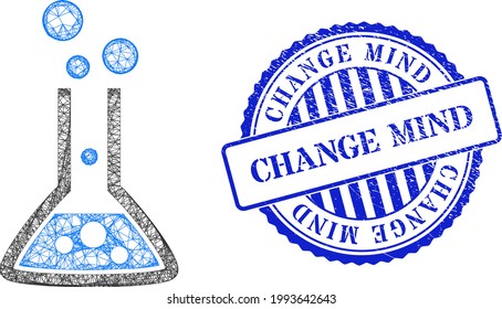 Vector net reaction flask carcass, and Change Mind blue rosette unclean watermark. Linear carcass net image created from reaction flask pictogram, is created from crossing lines.