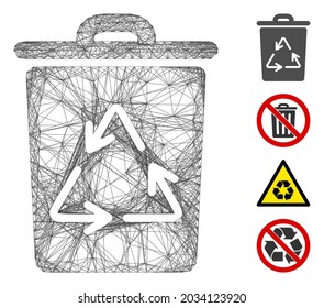 Vector net recycling bin. Geometric hatched carcass flat net made from recycling bin icon, designed from crossed lines. Some bonus icons are added.