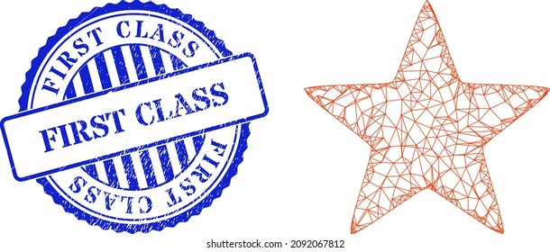 Vector net red star frame, and First Class blue round corroded stamp seal. Wire frame network illustration created from red star icon, is generated with intersected lines.