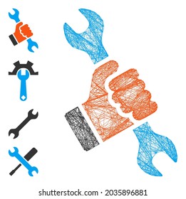 Vector net repair. Geometric hatched carcass flat net generated with repair icon, designed with crossing lines. Some bonus icons are added.